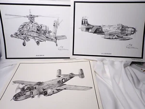 LOT of 3 DALE ADKINS Prints APACHE / SKYRAIDER / B-25 / MILITARY AIRCRAFT PRINTS - Picture 1 of 4