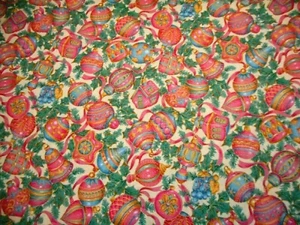 Christmas Fabric 1 7/8 Yard Metallic Pink Blue Ornaments Beige Cotton #40 Vtg C - Picture 1 of 2