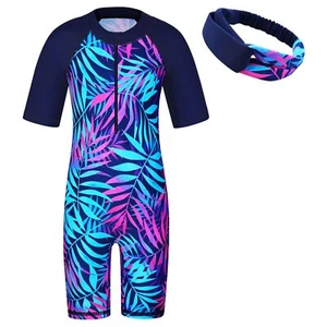 Girls Swimsuit UPF 50+ UV One Piece Swimwear Zipper Rashguard Bathing Suit wi... - Picture 1 of 4