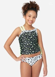 Justice Floral Lace Up Asymmetric Tankini Swim Set Girls L (12-14) White Black - Picture 1 of 1