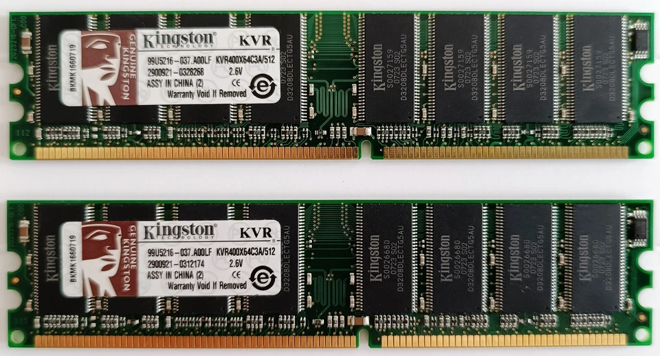 2 MEMORIE Ram Kingston DDR 400 MHz 512Mb (Totali 1Gb) KVR400X64C3A/512  - Immagine 1 di 2