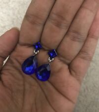 1.2” Long Silver Royal Blue Dangle Rhinestone Teardrop Crystal Pageant Earrings