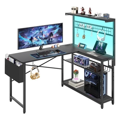 52 Inch L Shaped Gaming Desk with LED Lights Power Outlets Corner Computer Table - Image 1 of 4