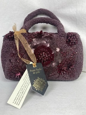 Burgundy Floral Flowers Beaded Hand Bag New With Tags From India To You - Image 1 of 4