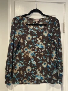 J. Jill Size M Brown Blue Stretchy Floral Long Sleeve Pullover Blouse - Picture 1 of 11