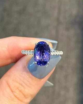 18K White Gold Oval Cut 2.85Ct Natural Tanzanite Diamond Wedding Ring Size 6 7 8 - Image 1 of 4