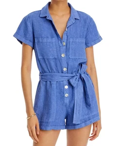 ๐$218 BLOOMINGDALES BELLA DAHL ROLLED HEM BLUE LINEN ROMPER SZ LARGE NEW - Picture 1 of 5