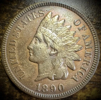 1890 Indian Head Cent Penny Full Liberty 3 Diamonds Beautiful Toned Coin - Image 1 of 3