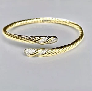 David Yurman 18K Yellow Gold Willow Diamond Cable Bypass Bracelet 27.15g - Picture 1 of 24
