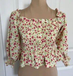 Love Tree Fashion Yellow Floral Print Square Neck Smocked Crop Top Sz S - Picture 1 of 9