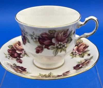 Queen Anne Teacup Saucer Roses Gold Trim Cottage Core Bone China B776 C671 Gift - image 1 of 4