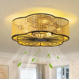 20" Boho Caged Ceiling Fan with Light and Remote Low Profile Flush Mount Fan - Picture 1 of 14