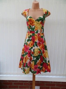 KAREN MILLEN DC008 MULTI FLORAL 50'S FLARE PLEAT MIDI DRESS 14 (12) TWICE £140 - Picture 1 of 12