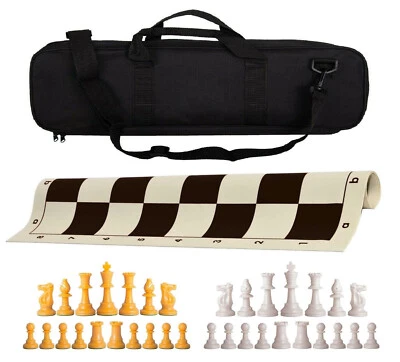 黑色豪华加权国际象棋套装 - 乙烯基板,包带黄色和白色棋子 — 第 1/4 张图片