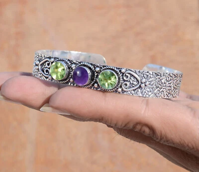 Amethyst & Faceted Peridot Gemstone 925 Sterling Silver Bracelet For Lover Gift - Image 1 of 4