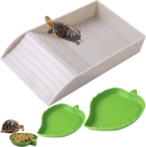 3Pcs Tortoise Food Dish with Ramp and Basking Platform Leaf Tortoise Water Food - Picture 1 of 12