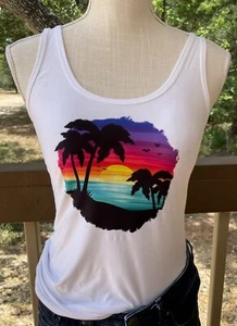 Junior Teen Women White Beach Sunset Soft Tank Top Small Summer Colorful NEW - Picture 1 of 3