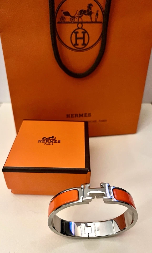 Bracelet Hermès Clic H- Émaillé Orange/argenté- État Neuf - Taille GM Authentic - Photo 1/4