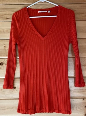 Hugo Boss Women’s Size Medium Etrica Ribbed Knit Top 3/4 Sleeves V-Neck Red - Image 1 of 4