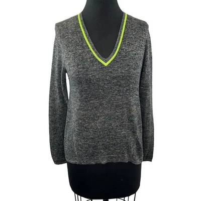 Suéter BLANCO + WARREN Mezcla de Algodón Lino Cuello en V Gris Borde en Contraste Pullover S Foto 1 de 4