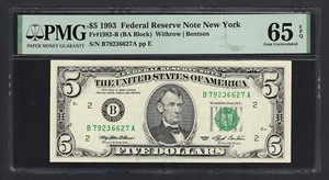United States-Federal Reserve 5 Dollars 1993 Fr#1982-B (BA Block) UNC Grade 65 - Picture 1 of 2