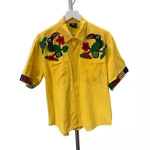 SELTEN Vintage IvanHoe S/S mit Knopfleiste gelb genäht Vögel Festival groß - Bild 1 von 8