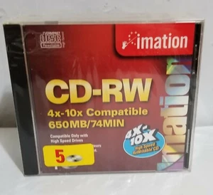 5 Pk Imation 650MB 74 Min CD-RW Discs 4x-10x High Speed 5 Sealed, Brand New - Picture 1 of 2