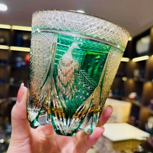 11oz Whisky Glass Hand Carved Pattern Amber Green Edo Kiriko Glass Gift on Sale - Picture 1 of 7