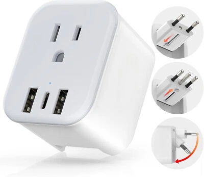 European Travel Plug Adapter Foldable International Plug 1 AC Outlets, 3 USB