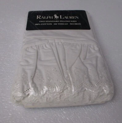 New Ralph Lauren BROMLEY 100% Cotton White Eyelet Ruffled Standard Pillowcases - Image 1 of 4
