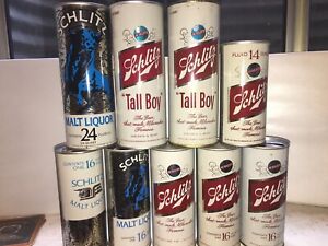 9 different tall Schlitz beer cans (1 flat top) - Milwaukee