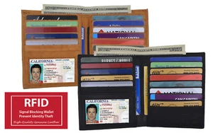 RFID Blocking Men's Cowhide Leather Hipster Bifold Wallet European Credit Card - Picture 1 of 19