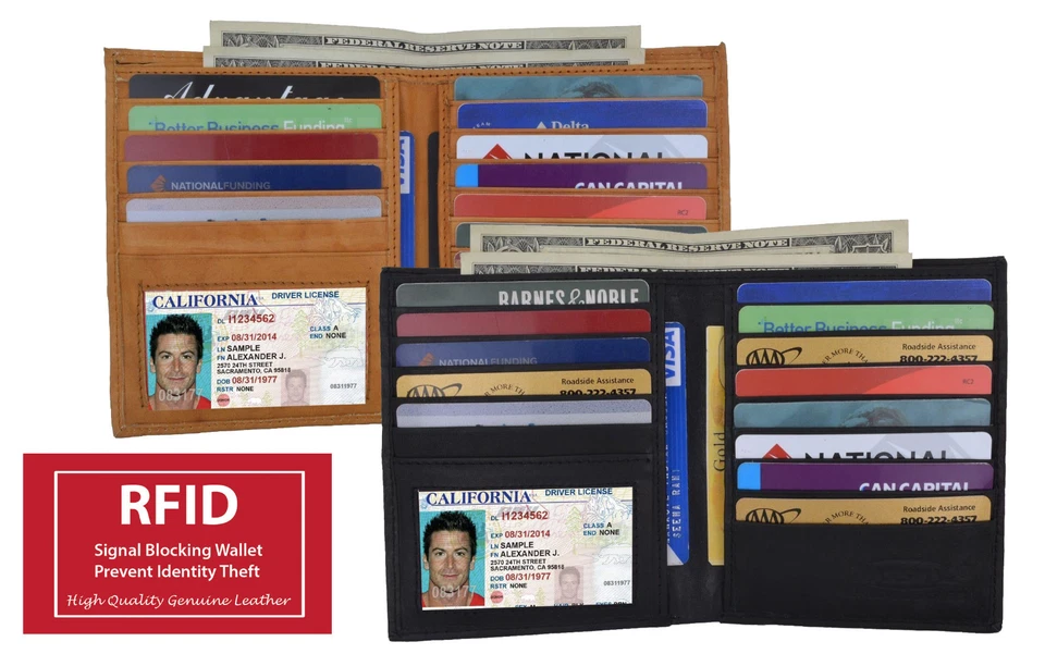 RFID Blocking Men's Cowhide Leather Hipster Bifold Wallet European Credit Card - Image 1 of 4