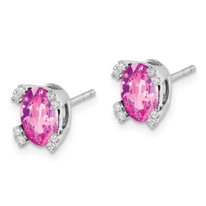 14K White Gold Oval Created Pink Sapphire Diamond Stud Earrings October ... - Picture 1 of 7
