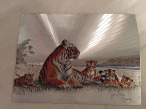 Vintage Josephine Marsh Foil Art Print Tiger and Cubs. King. England. 6x8 Inch - Picture 1 of 6