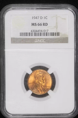 1947 D Small Cents Lincoln, Wheat Ears Reverse NGC MS-66 RD Cover