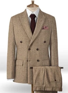 Traje de Tweed Marrón Hombres Doble Pecho Espina de Arenque Esmoquin Baile de graduación Invierno 3 Piezas - Imagen 1 de 8