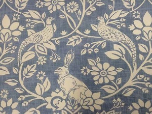 Heritage Fabric Wildlife Hare & Pheasant Stone Blue Cotton Curtain Blind - Picture 1 of 7