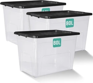 3 x 80 Litre Storage Boxes with Lids Set of 3, Clear Multipurpose Nestable Stack - Picture 1 of 5