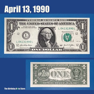 April 13, 1990 Birthday Anniversary $1 One Dollar Bill Serial Number 04131990 - Image 1 of 2