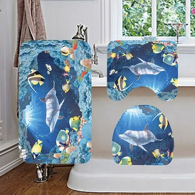  3 in 1 Dolphin Unterwasser Muster Badematte Set Rutschfeste Waschraum Teppich - Bild 1 von 4