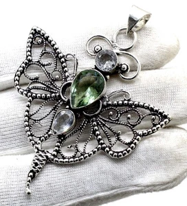 925 Sterling Silver Green Amethyst & White Topaz Gemstone Butterfly Pendant - Picture 1 of 2