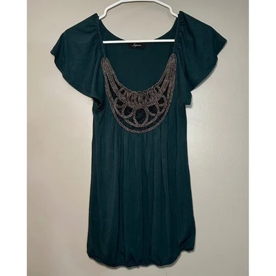 Блузка сопрано женская размер S зеленая богемная туника топ металлическая коса развевающийся рукав - Изображение 1 из 4