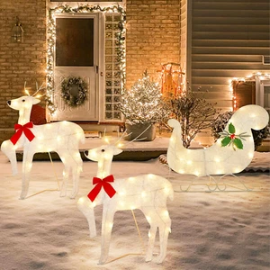 Lighted Christmas Reindeer Sleigh Outdoor Yard Decoration, 60 Lights Christmas D - Picture 1 of 7