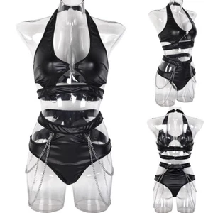 Sexy Women's Faux Leather Lingerie Set with Halter Neck and Chain Briefs - Picture 1 of 72
