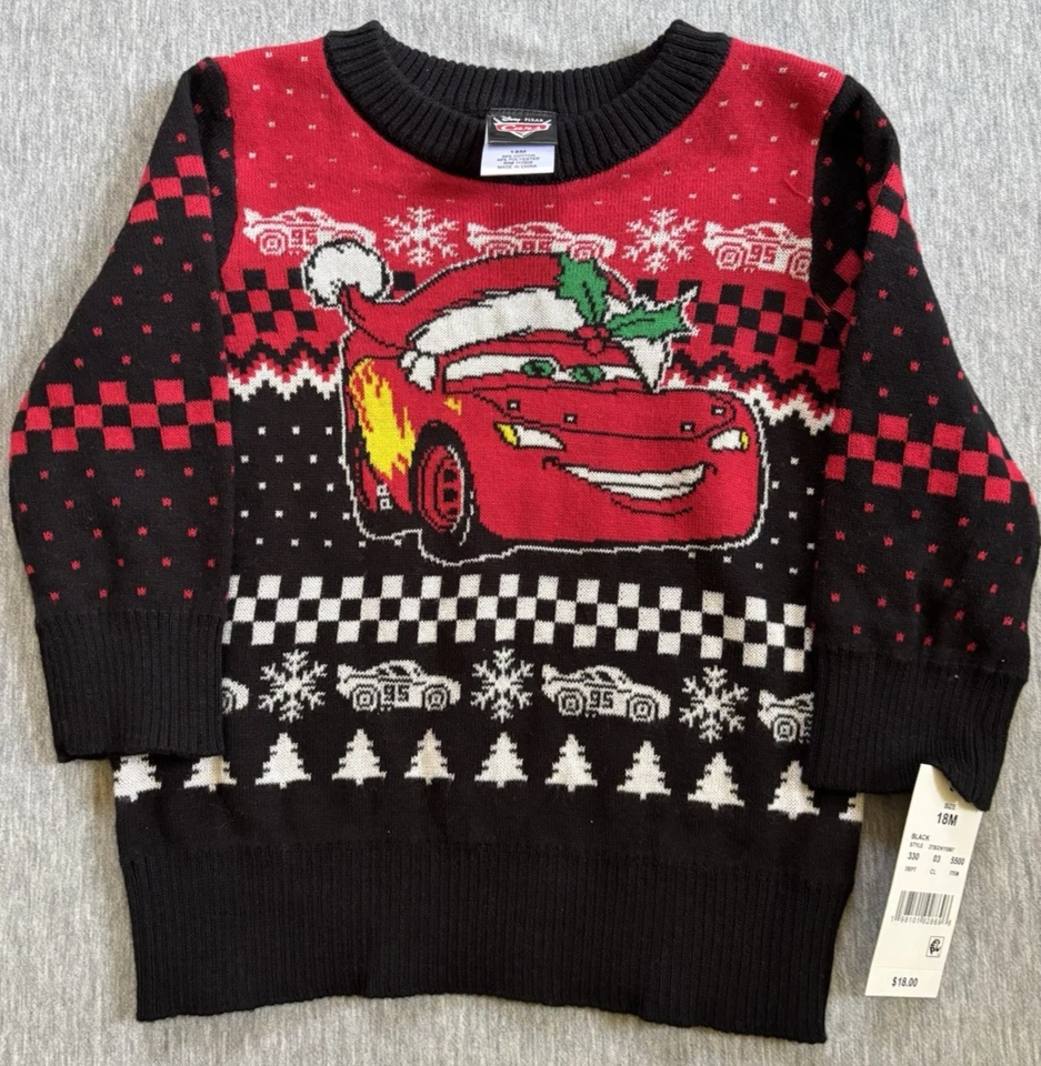 Toddler Boys' Disney Cars Lightning McQueen Christmas Sweater - Black 18M