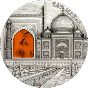 Palau 2014 TAJ MAHAL Mineral Art 2 Oz 10 $ reines Silber Münze Bernsteineinsatz - Bild 1 von 2