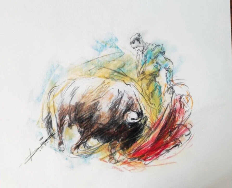 GCO7-AQUARELLE ORIGINALE-TAUROMACHIE-RENÉ DIAZ - Photo 1/1