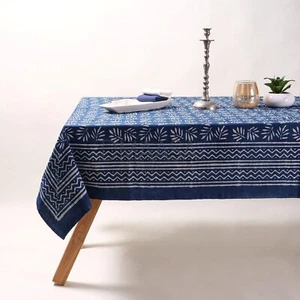Cotton Hand Block Print Dabu Indian Tablecloth Rectangle Indigo Blue - Picture 1 of 5