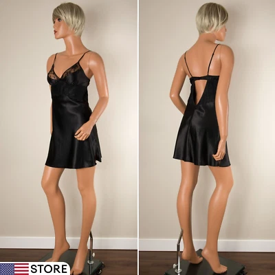 💖 BETSEY JOHNSON Intimates Black Babydoll Nightgown Satin Lace Bodice V-neck S - Image 1 of 4